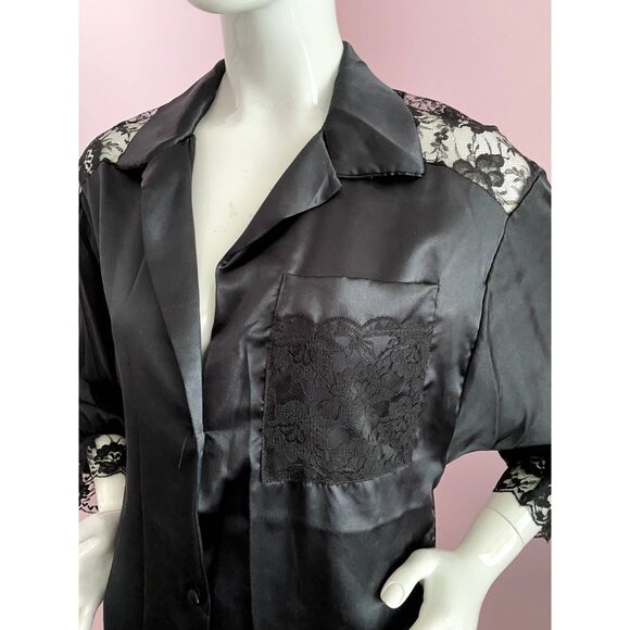 Vintage 90s Lily of France Sleep Shirt SMALL Jacquard Satin Lace Trim Nightgown - Picture 4 of 10